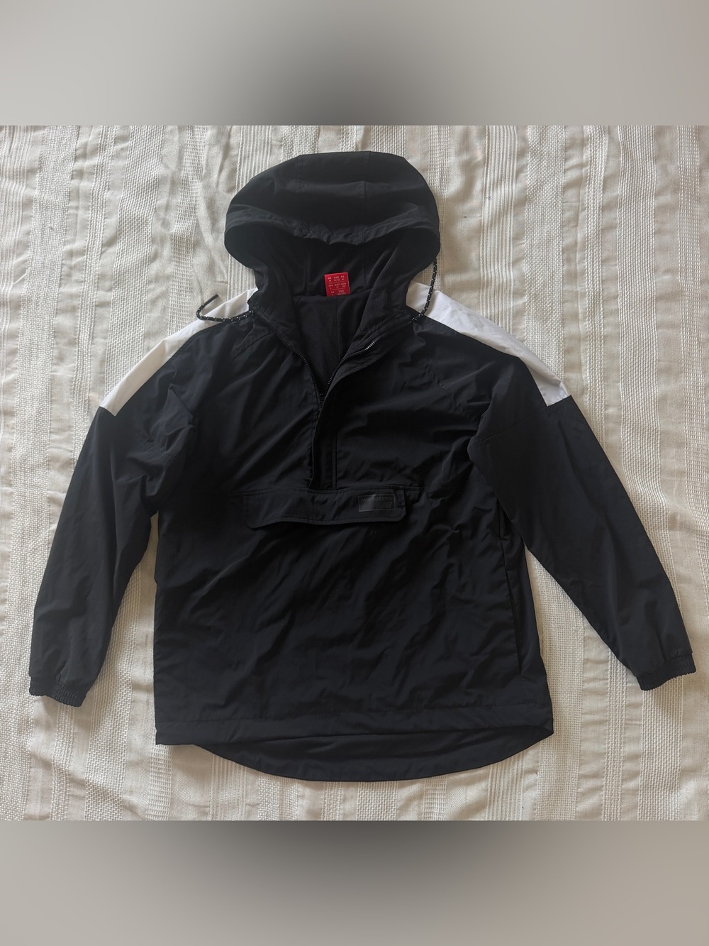 NB Black Hooded Pullover Jacket windbreaker with White Shoulder Accents
